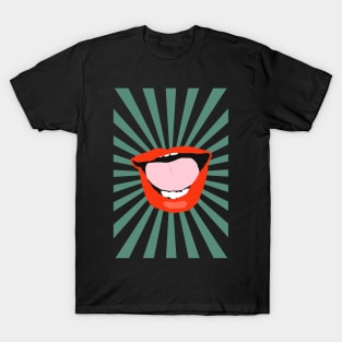 Funky colorful lips on sunburst background T-Shirt